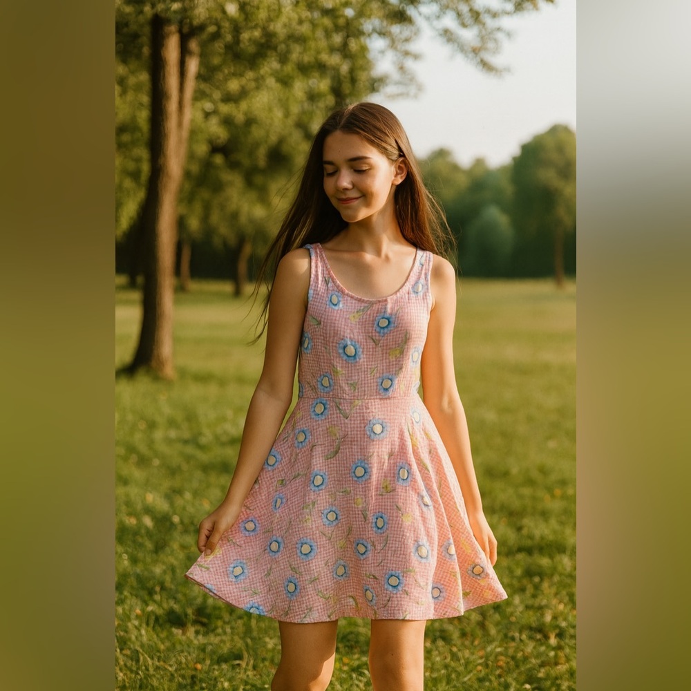 Vintage Swat Gingham Floral Dress Size 16 Pink Sleeveless 90s Cottagecore